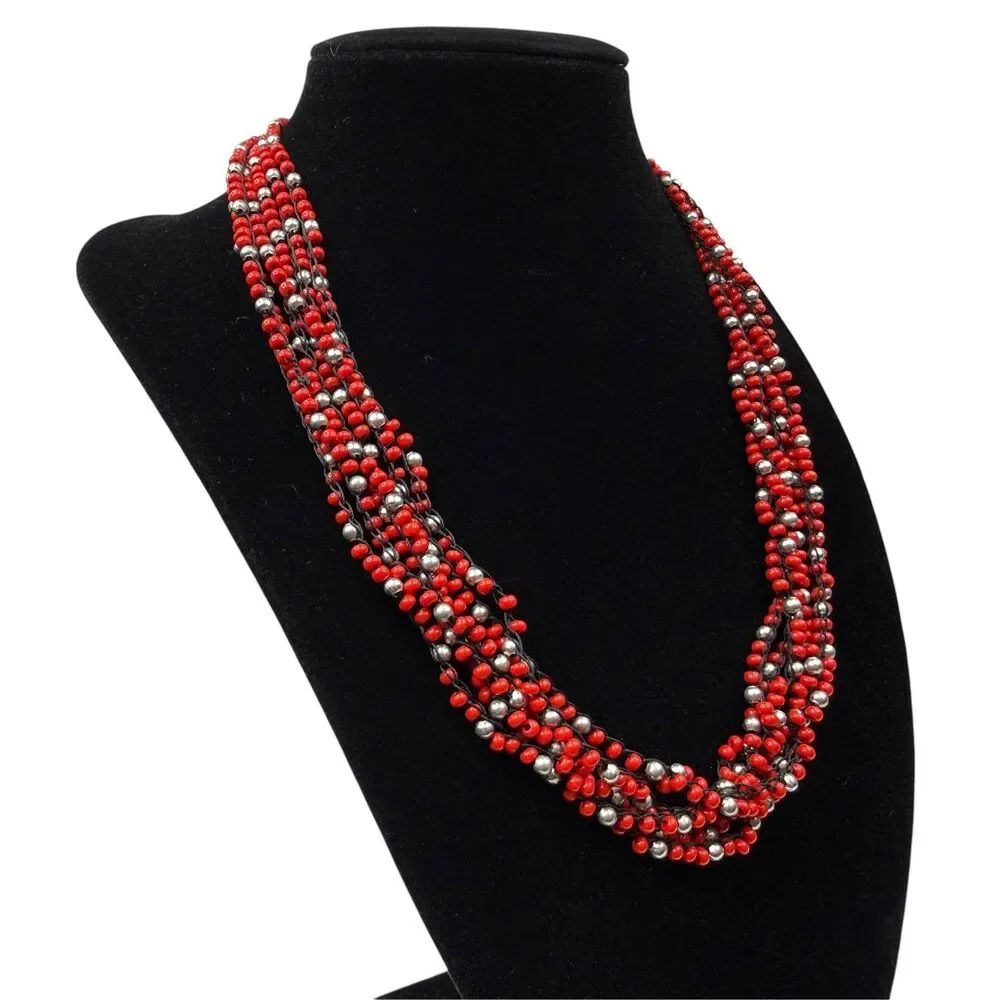 Multi-Strand Red & Silver Beaded Statement Necklace Fashion Jewelry 18